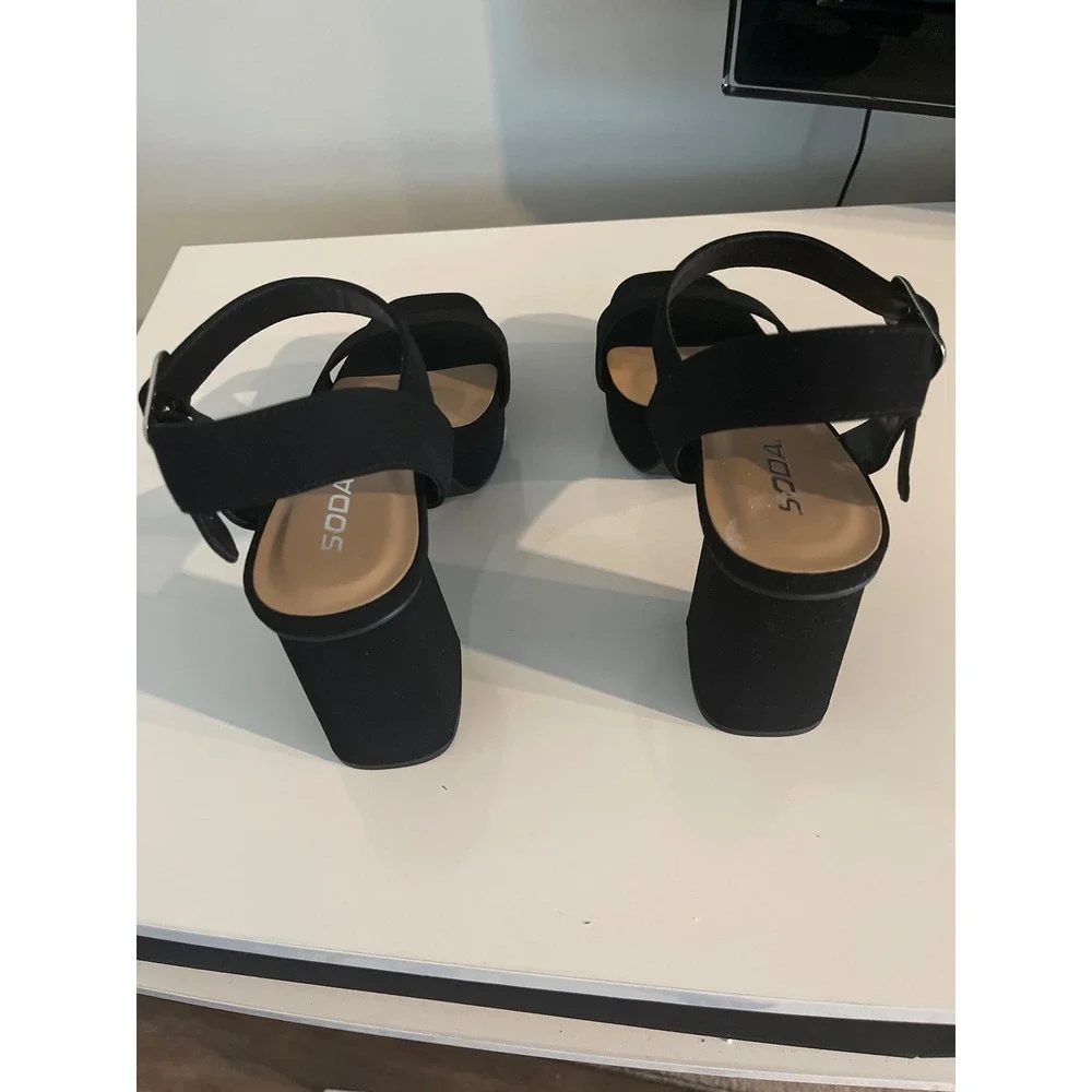 Soda Black Faux Suede Platform Block Heel Ankle Strap Sandals Open Toe